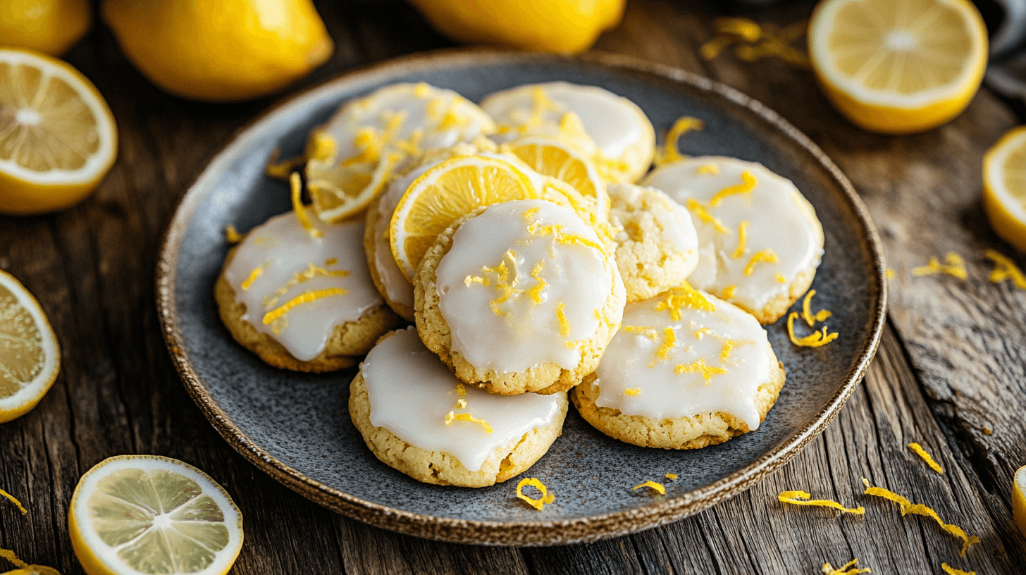 A plate of Lemon Poundcake Cookies with lemon glaze and zest.