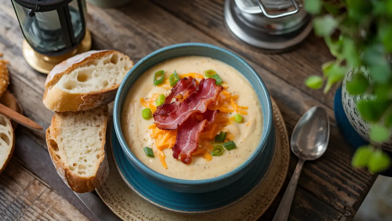 Crock Pot Crack Potato Soup with bacon and cheese on a rustic table