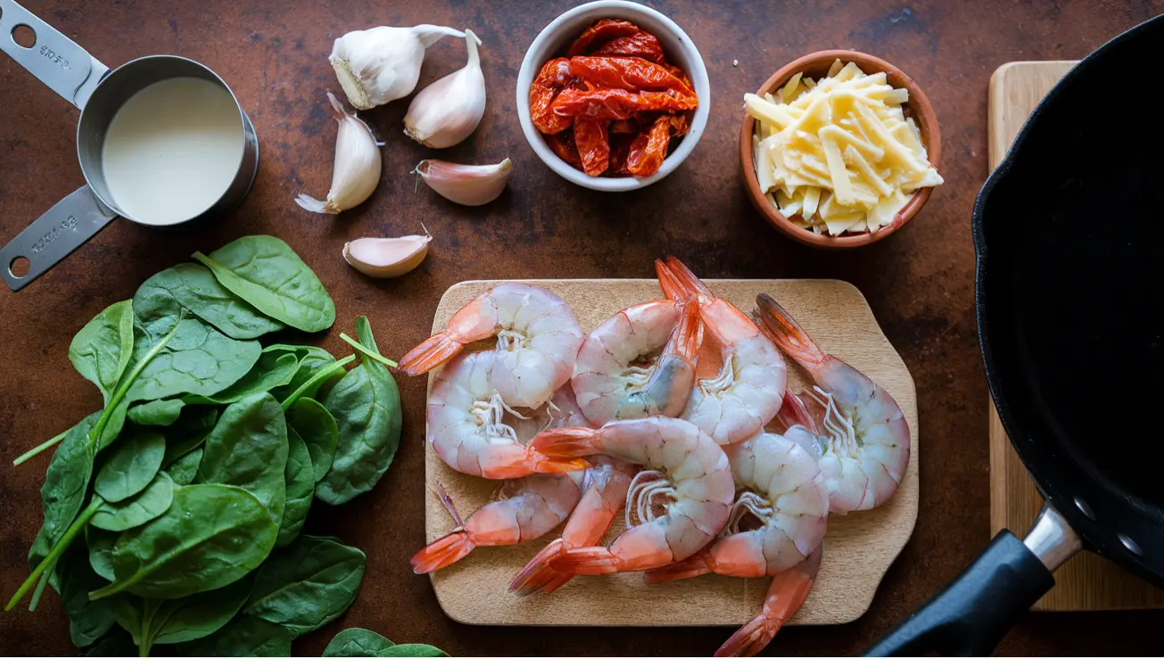 Essential ingredients for making Creamy Tucson Shrimp at home.