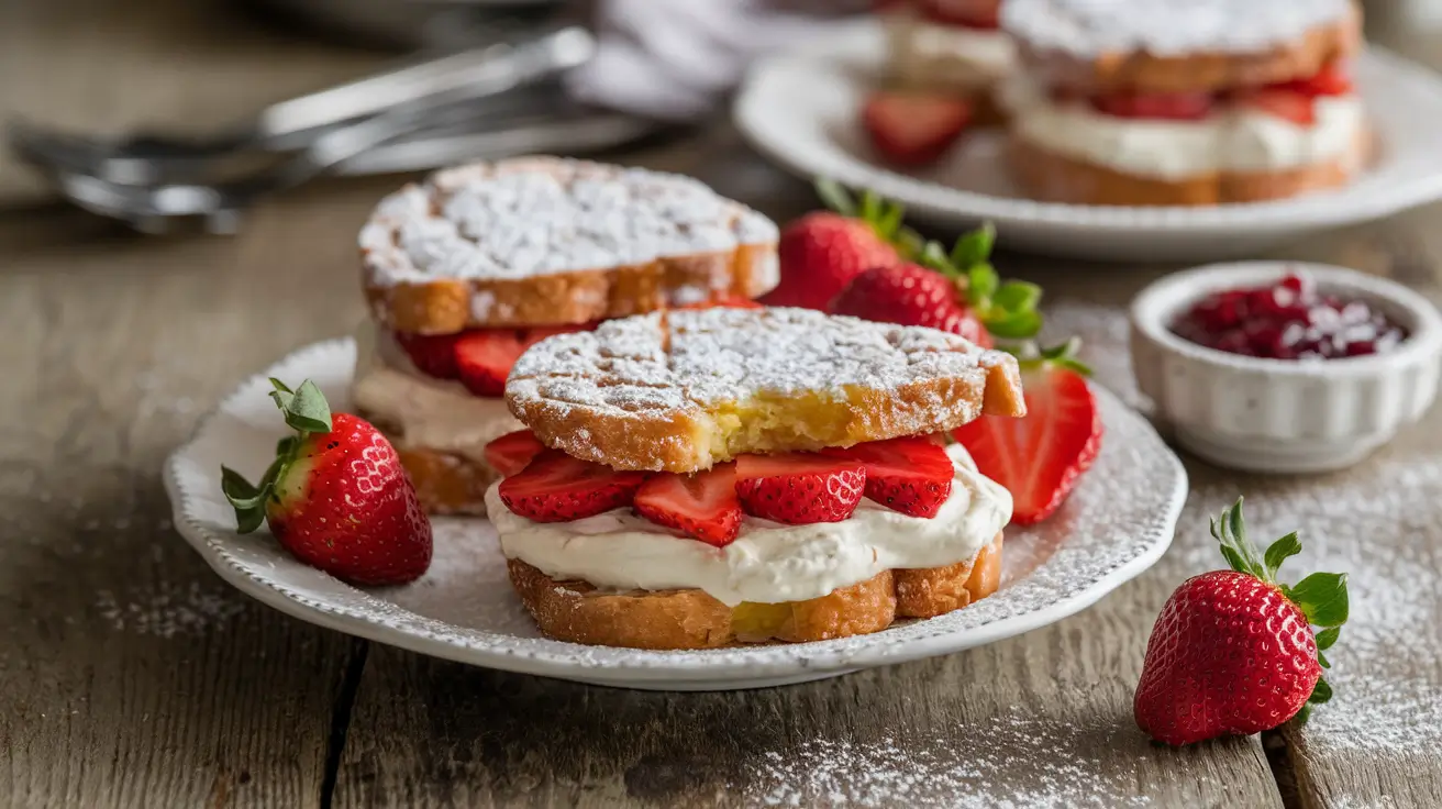 Fried Strawberry Cheesecake Sandwiches with powdered sugar and fresh strawberries