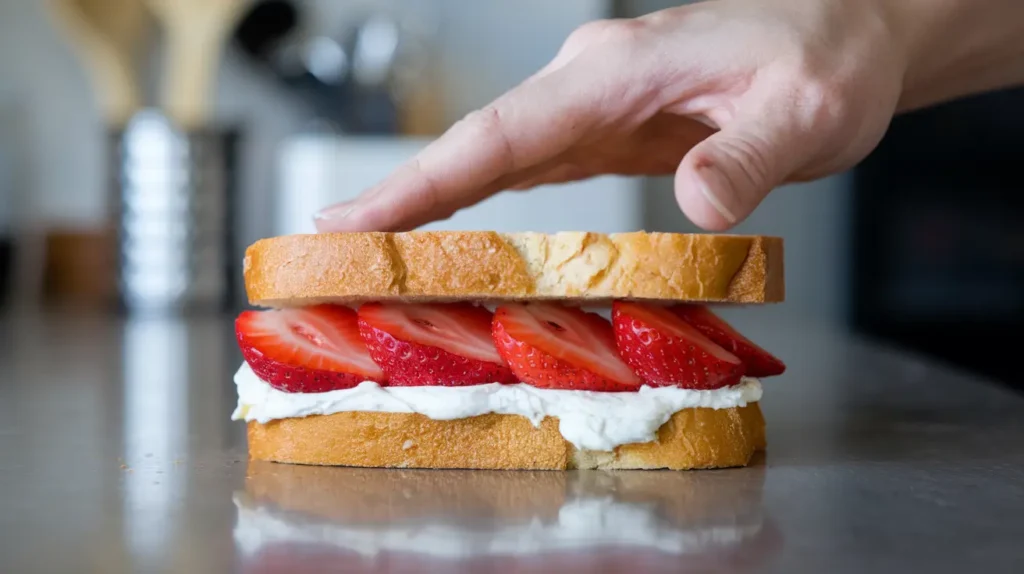 Assembling Fried Strawberry Cheesecake Sandwiches with fresh ingredients