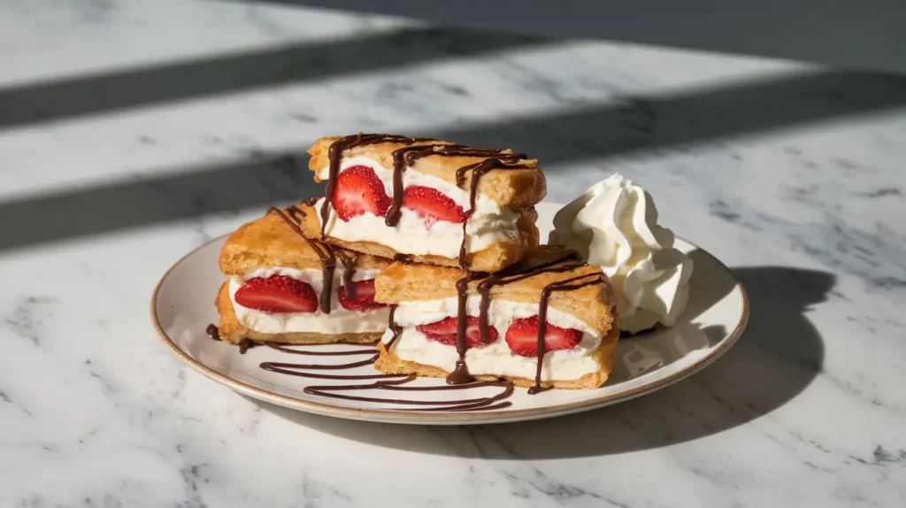 Cross-section of Fried Strawberry Cheesecake Sandwiches with chocolate drizzle