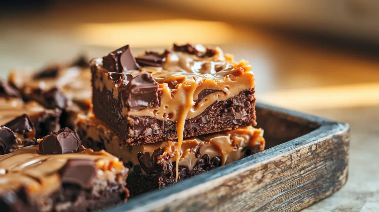 Fudgy Dairy Milk Caramel Blondies on a Wooden Tray