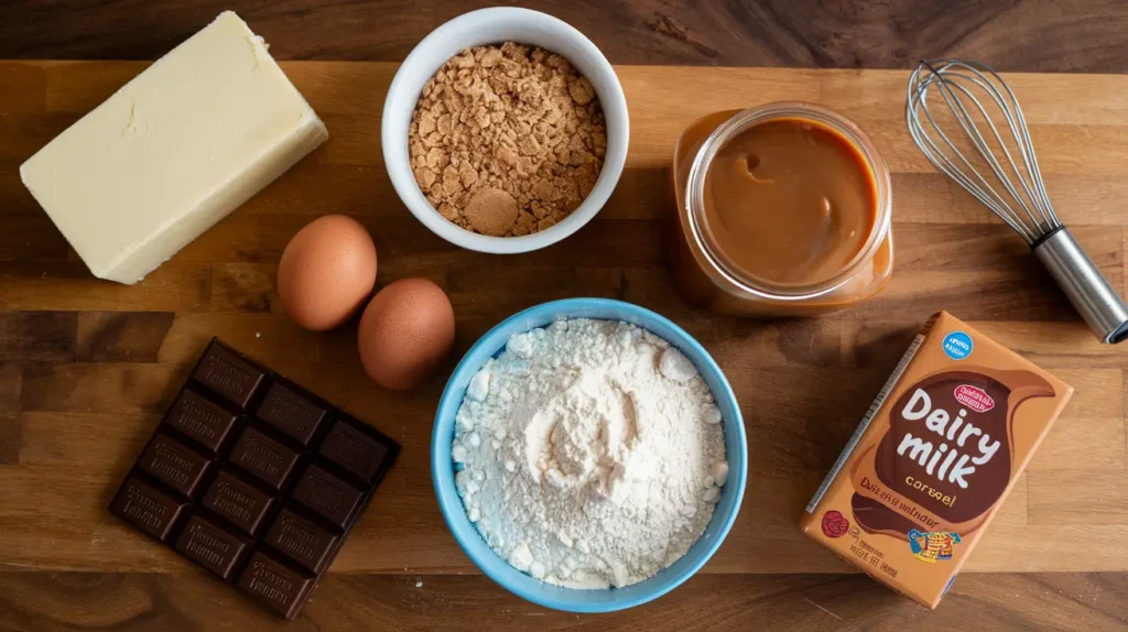 Ingredients for Fudgy Dairy Milk Caramel Blondies