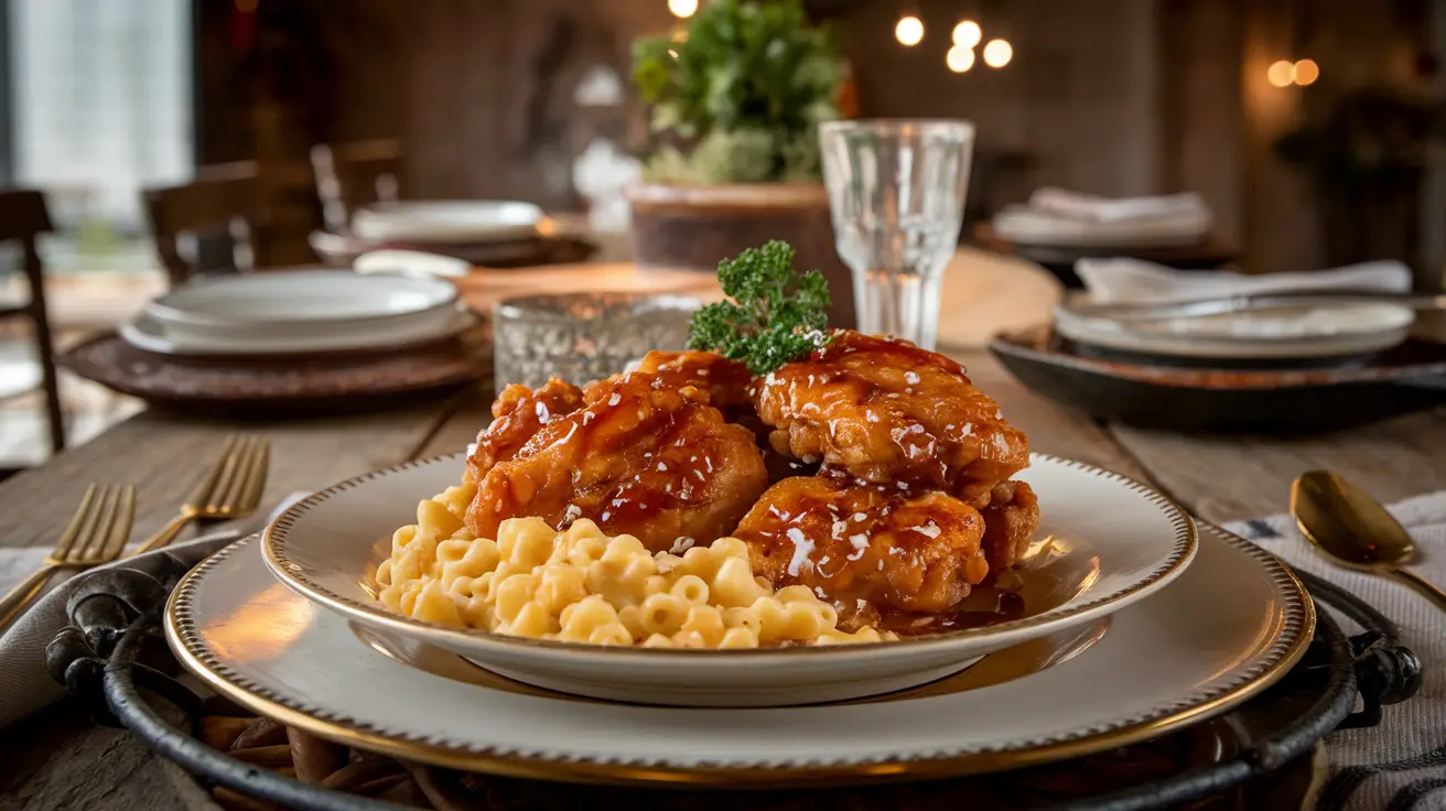 A plated dish of crispy honey pepper chicken glazed with sweet and spicy sauce, garnished with parsley, served with creamy macaroni and cheese on a rustic wooden table.