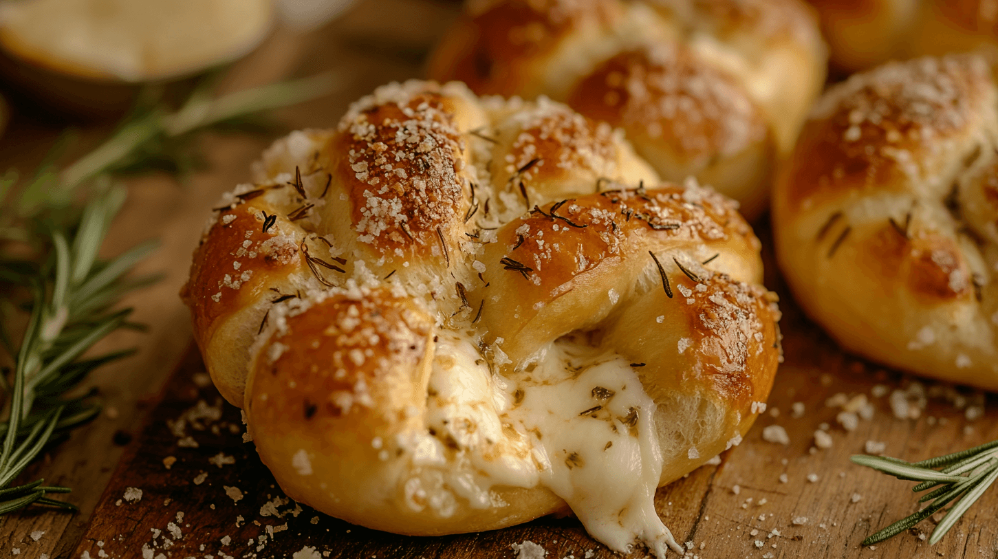 Mozzarella Stuffed Rosemary Parmesan Soft Pretzels with melted cheese on a wooden table.