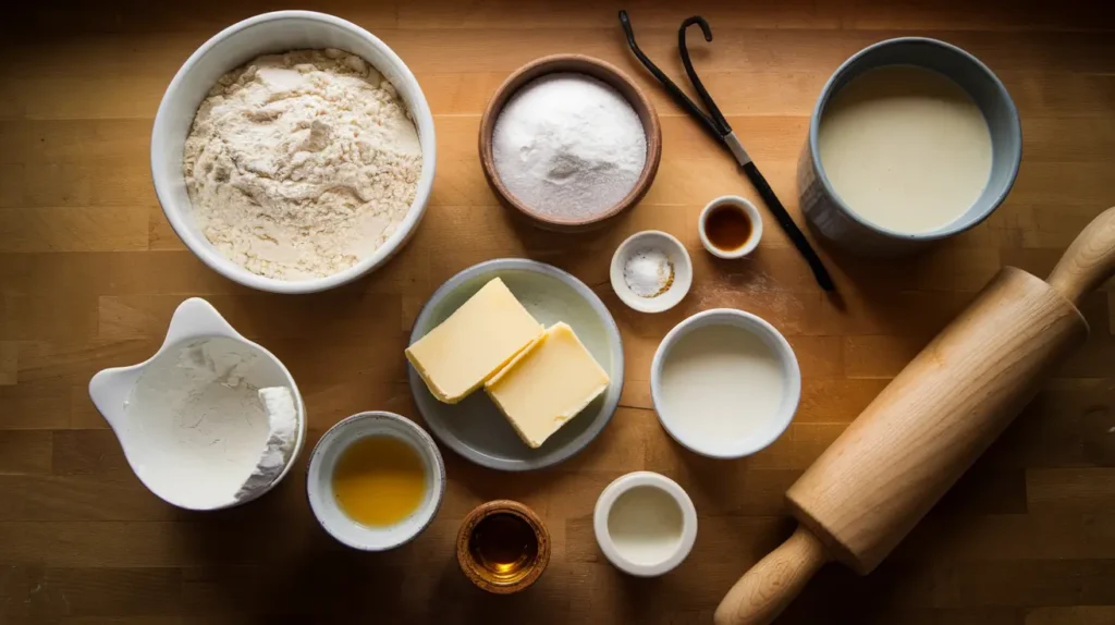 Ingredients for Hillbilly Pie neatly arranged on a wooden countertop.