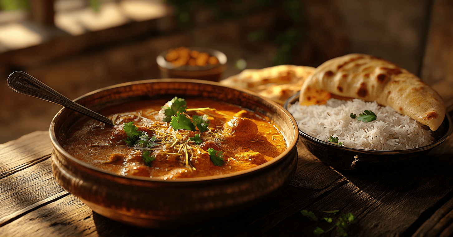 Mughlai Anda Masala served with naan and rice."