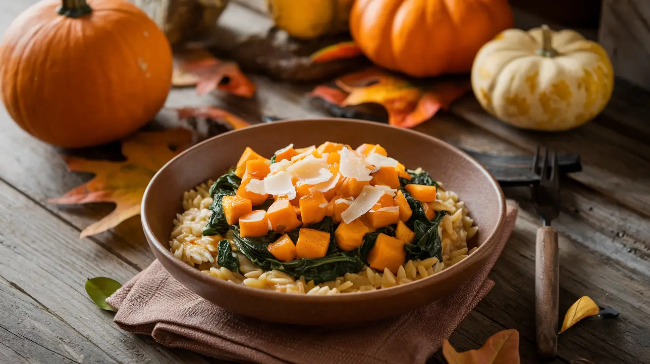 Creamy Orzo with Roasted Butternut Squash and Spinach on a rustic table