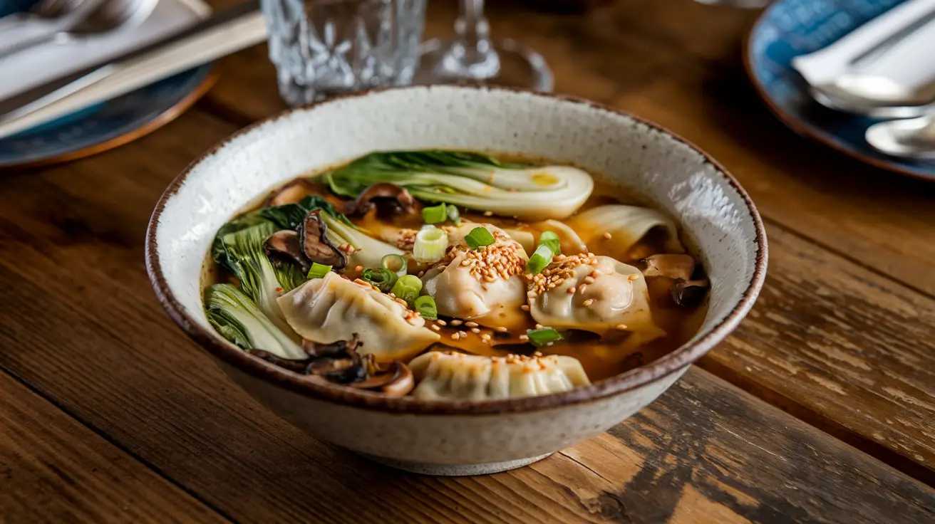 Potsticker Soup with Mushrooms and Bok Choy in a white bowl