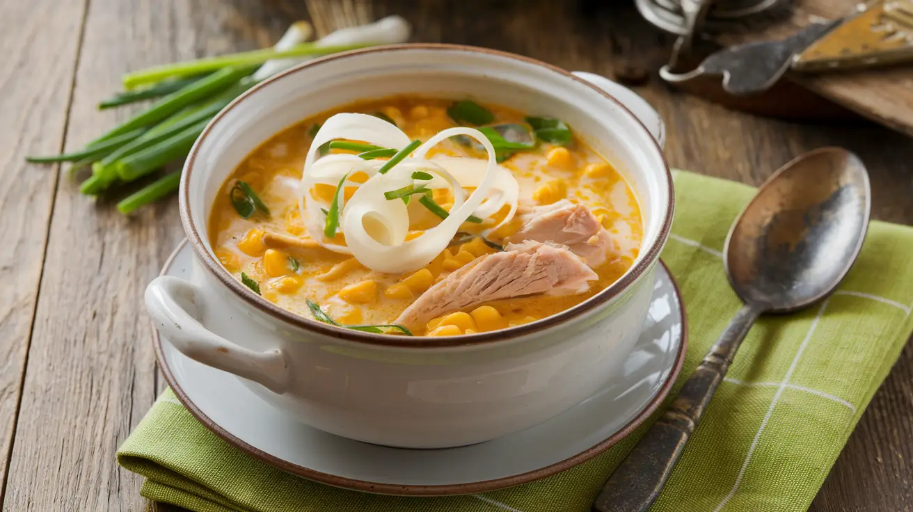 A bowl of easy chicken and sweetcorn soup with egg ribbons and green onion garnish on a wooden table