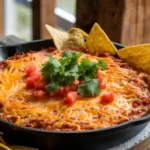 Hot Texas Trash Dip in a skillet with tortilla chips