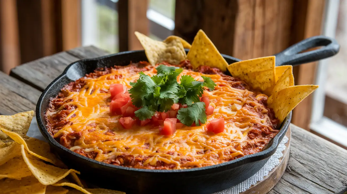 Hot Texas Trash Dip in a skillet with tortilla chips