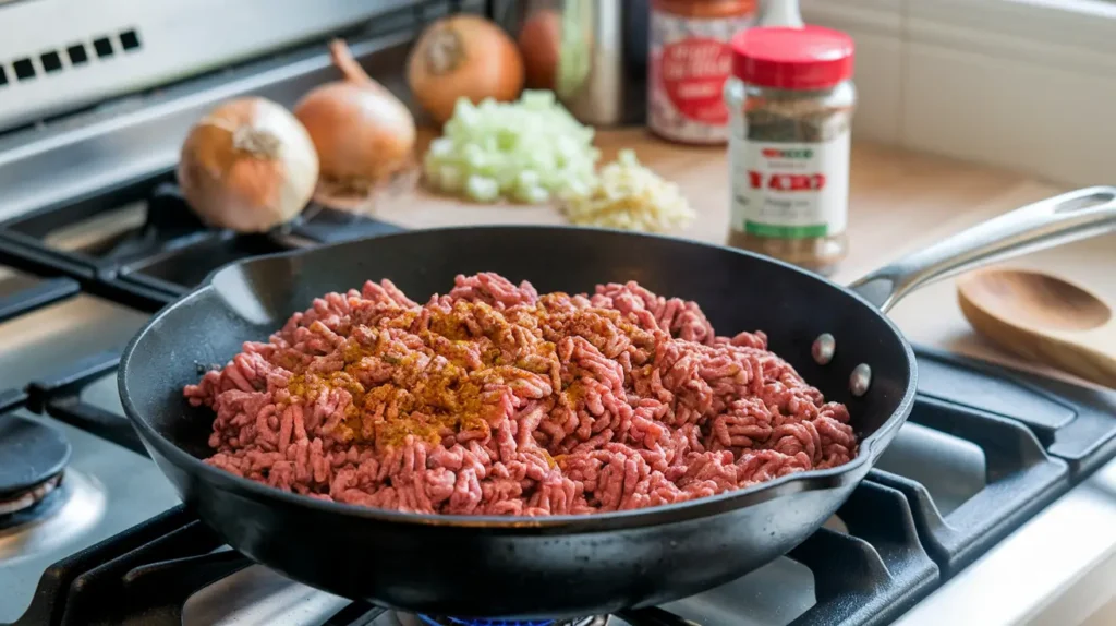 Browning ground beef with taco seasoning in a skillet.