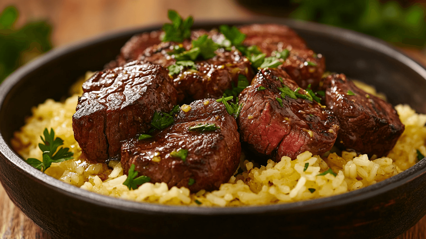 Honey Garlic Butter Steak and Rice Skillet served in a rustic pan with parsley garnish