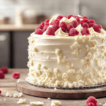 White Chocolate Raspberry Dream Cake on a rustic table