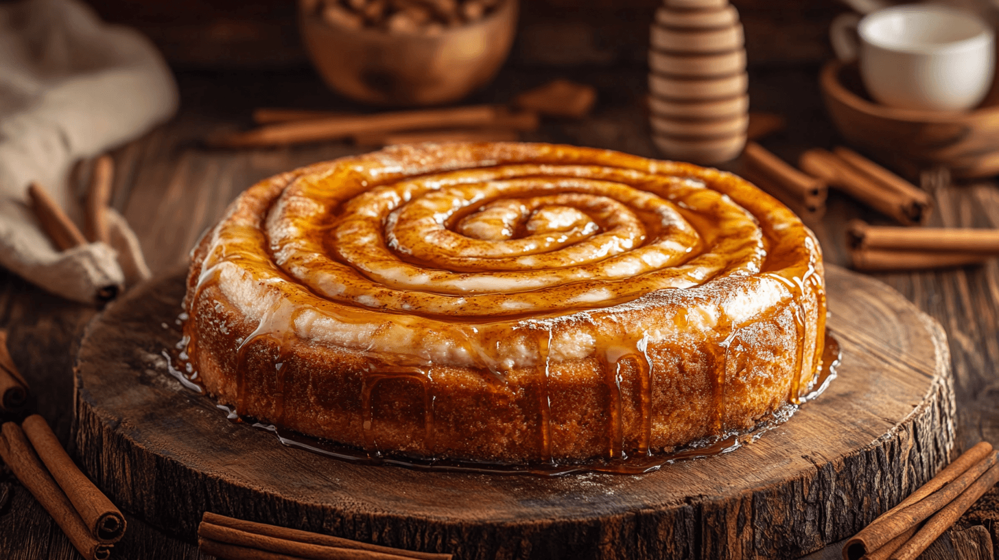 A whole Cinnamon Roll Honeybun Cheesecake with cinnamon glaze on a rustic table.