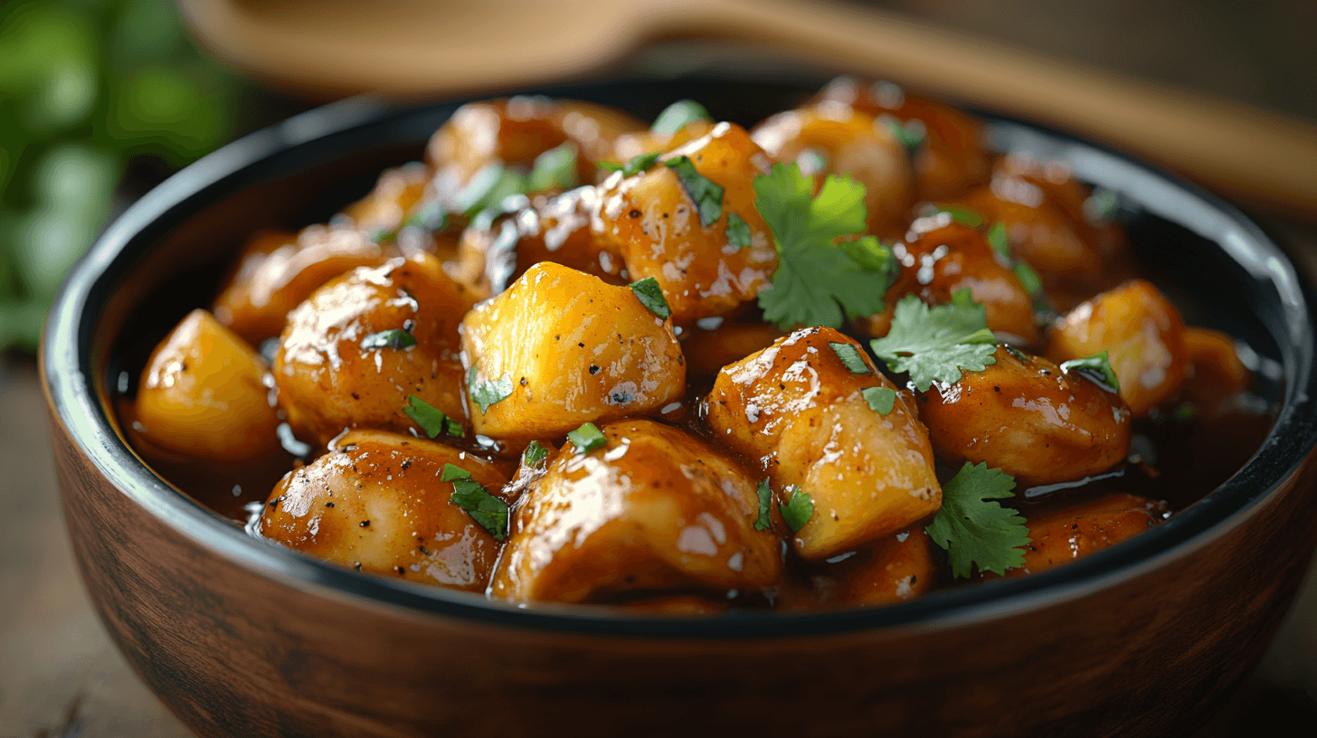 Sweet Hawaiian Crockpot Chicken served in a bowl with sauce.