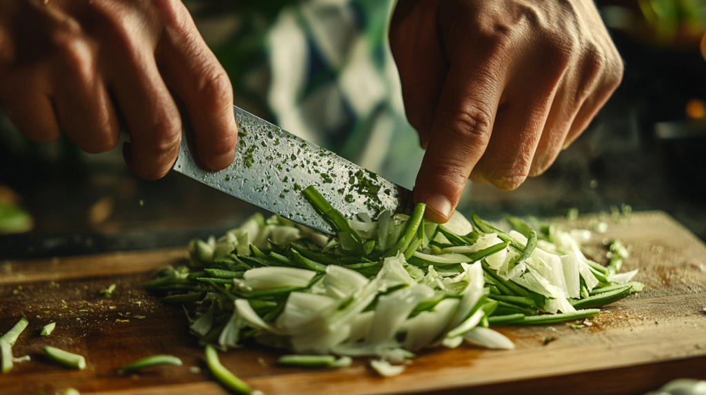Fresh green beans being trimmed on a cutting board.