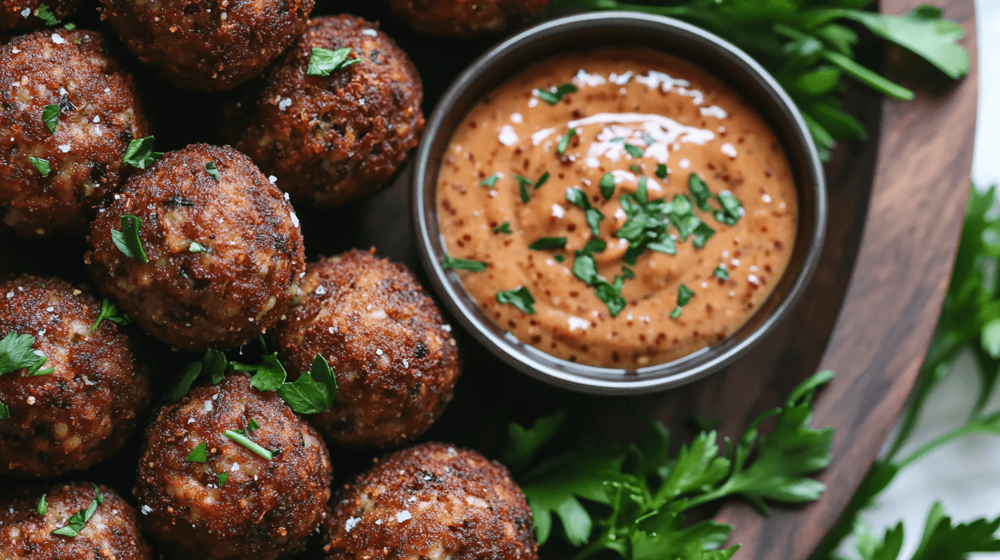 Reuben Balls with Spicy Thousand Island Dipping Sauce on a wooden platter