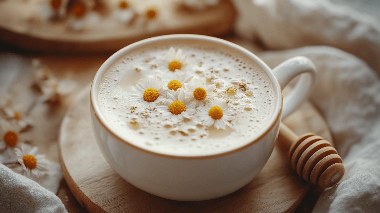 Close-up of a steaming chamomile latte with dried flowers and honey.
