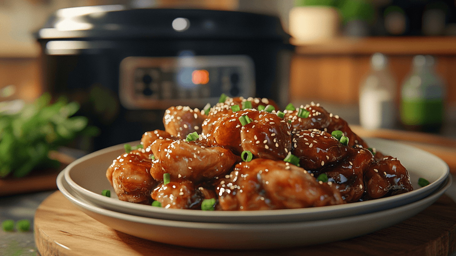 Slow Cooker Honey Garlic Chicken garnished with sesame seeds.