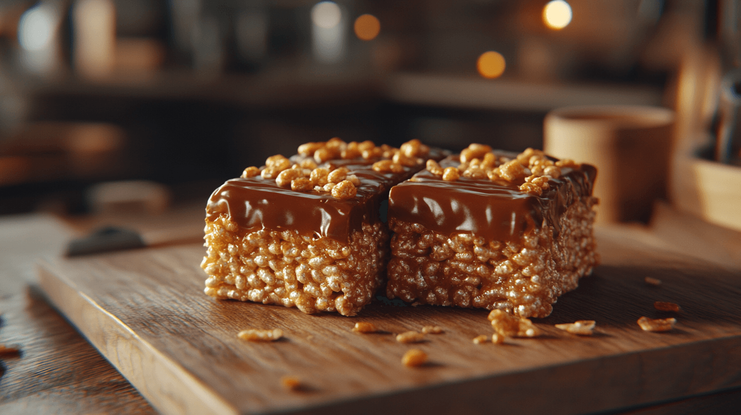 Rice Krispy Millionaires Bars sliced and styled on a wooden board
