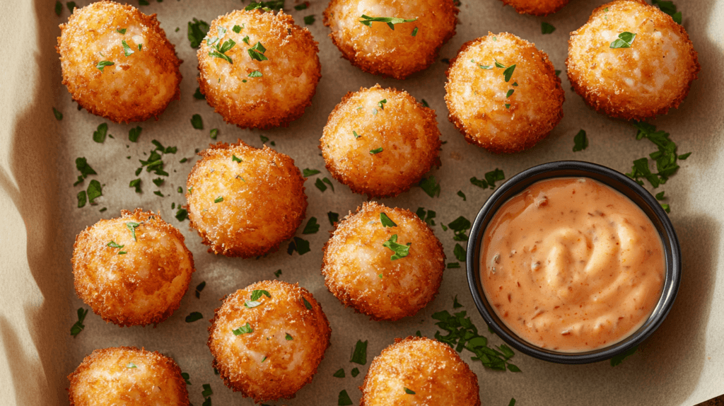 Freshly baked Reuben Balls on a parchment-lined tray with dipping sauce.