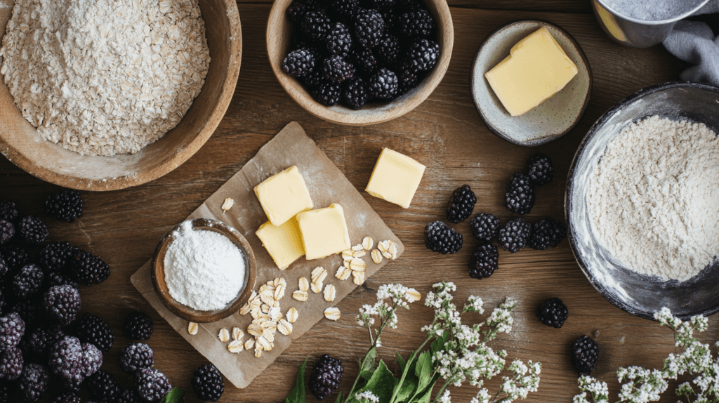Ingredients for blackberry crumble on a wooden counter.