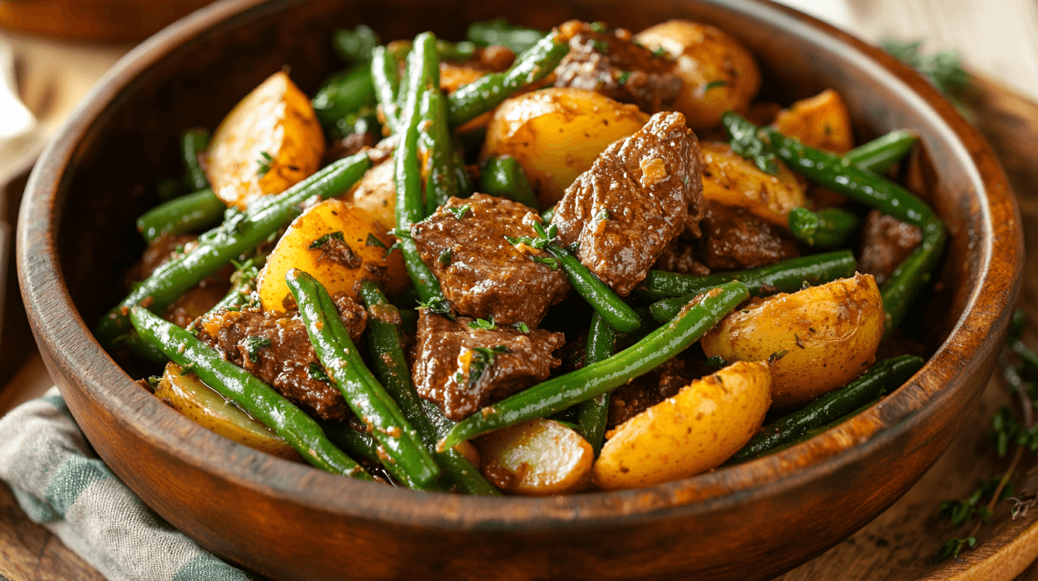 Plate of green beans, potatoes, and beef on a wooden table.