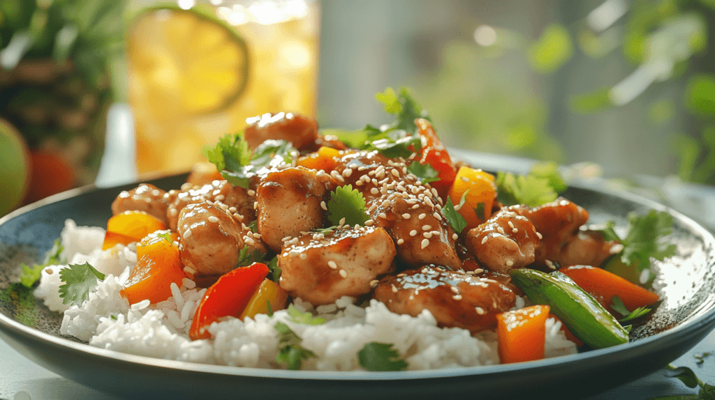 Sweet Hawaiian Crockpot Chicken served with rice and vegetables.