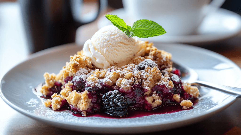 Blackberry crumble served with vanilla ice cream and mint garnish.