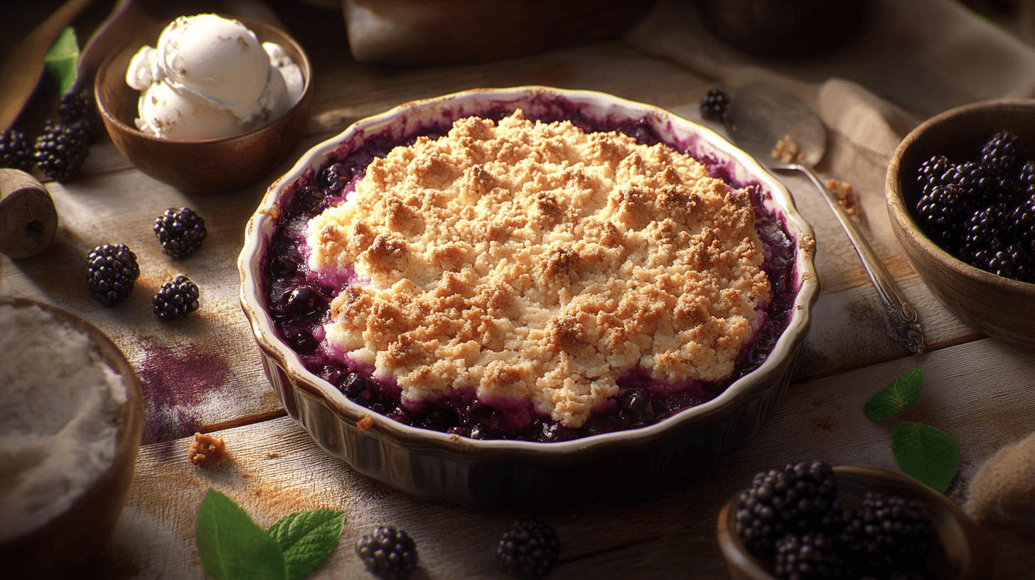 A freshly baked blackberry crumble with golden topping on a rustic table.