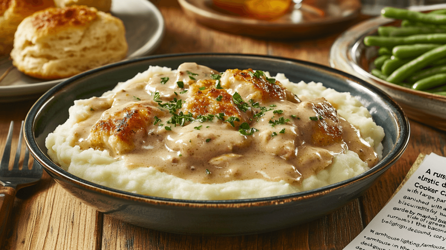 Cooker Creamy Chicken & Gravy served in a rustic setting