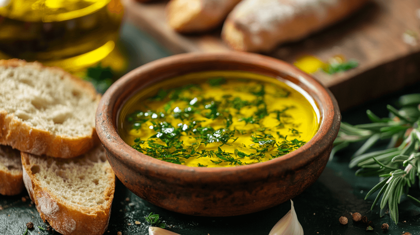 Golden olive oil dip with fresh herbs and warm bread on a rustic table.