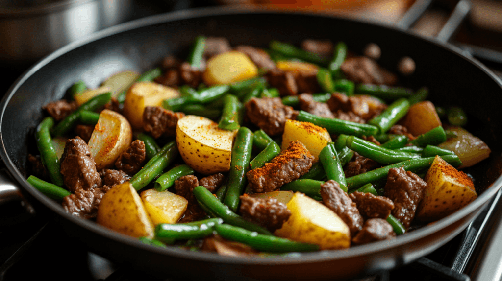 Skillet with green beans, potatoes, and beef simmering on the stovetop.