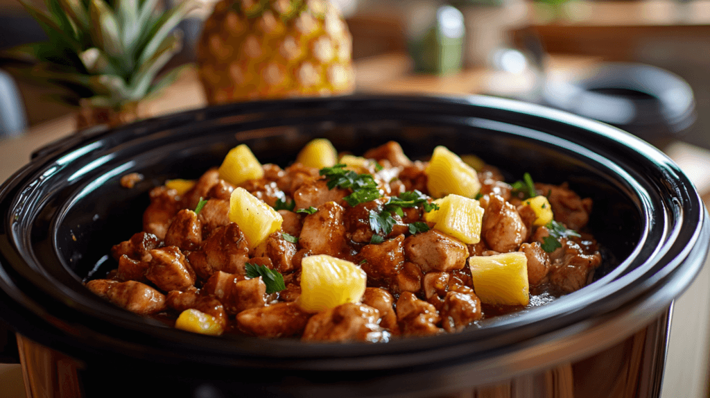 Sweet Hawaiian Crockpot Chicken ingredients in a slow cooker.