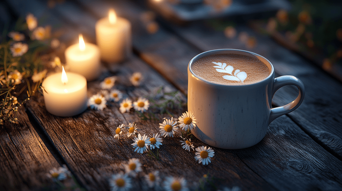 A cozy cup of chamomile & honey latte with candles and flowers