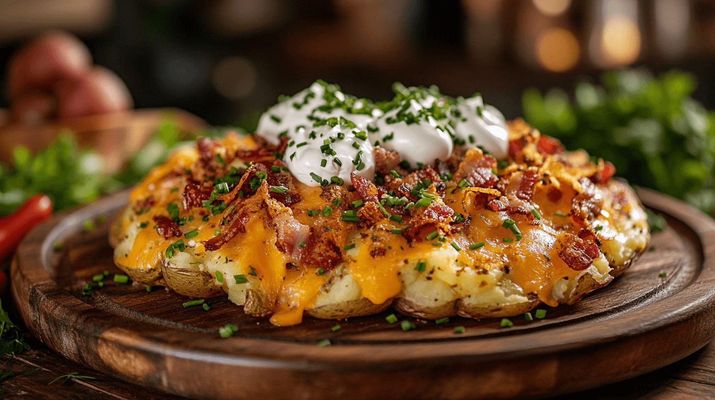 Golden-brown loaded smashed potatoes with toppings