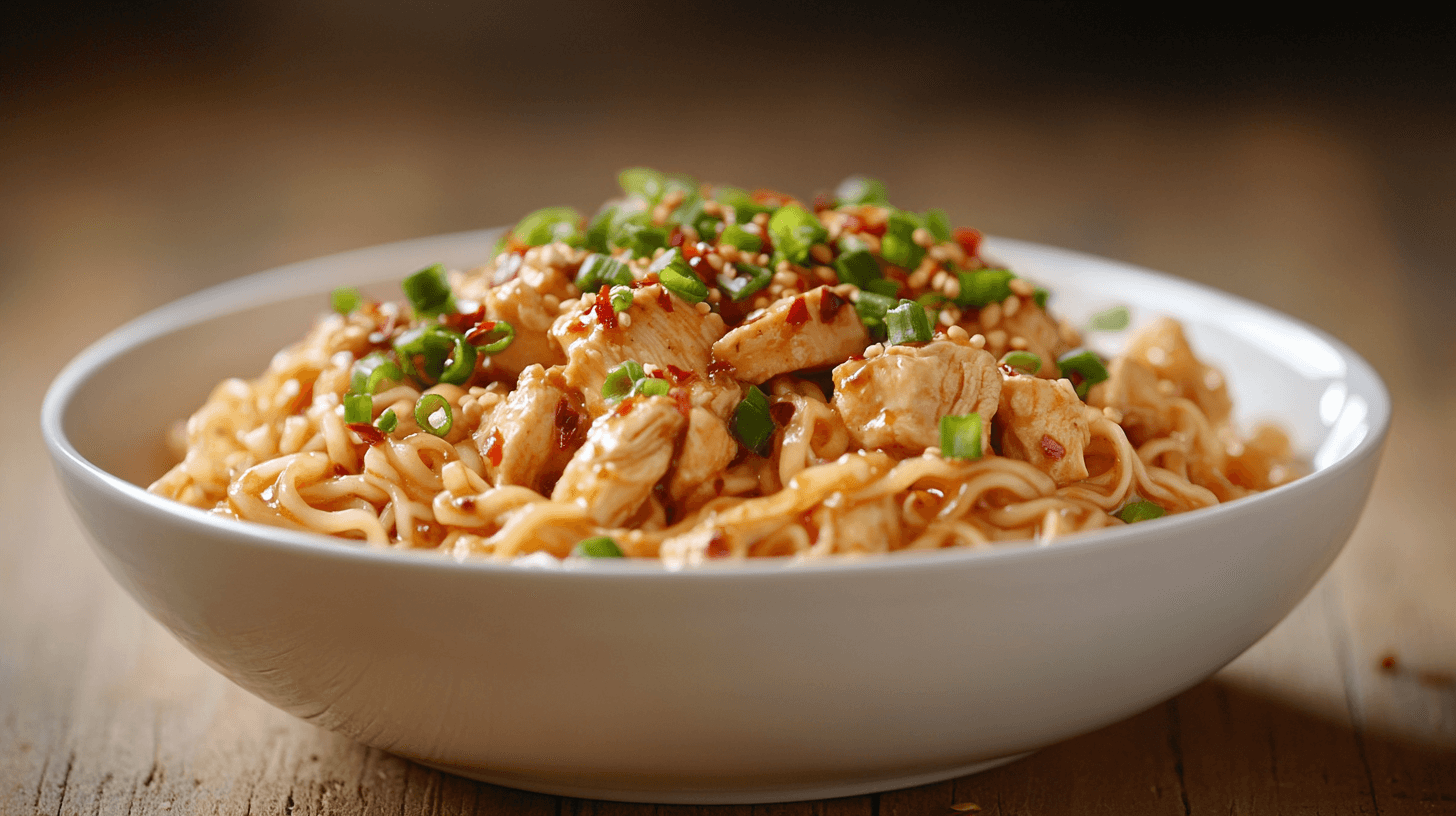 Spicy chicken ramen with creamy garlic sauce and chili flakes.