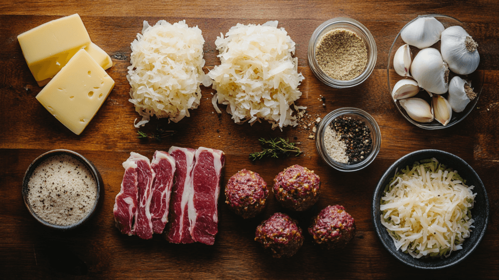 Ingredients for making Reuben Balls and Spicy Thousand Island Dipping Sauce.