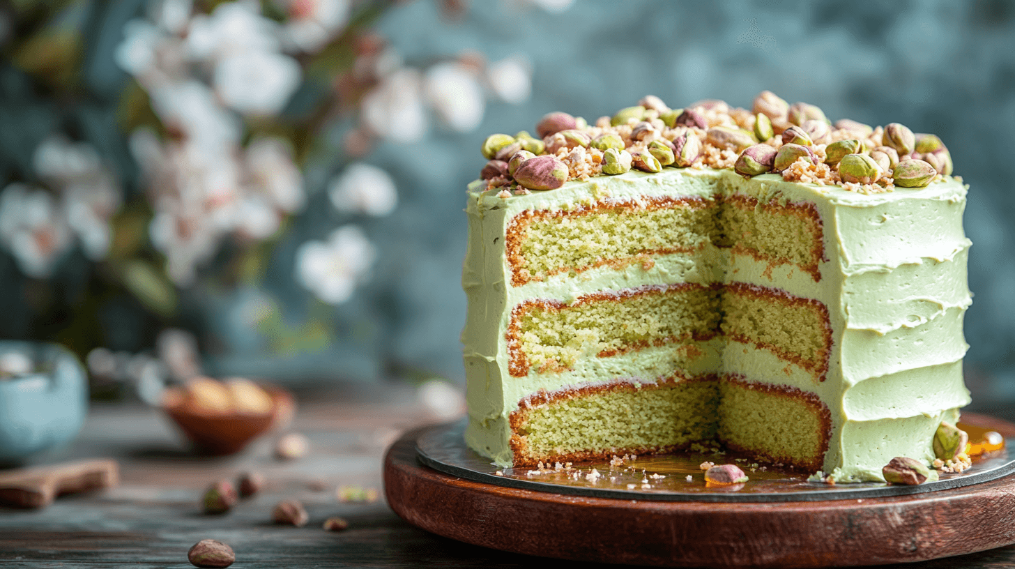 Pistachio Cream Cake topped with crushed pistachios and honey.