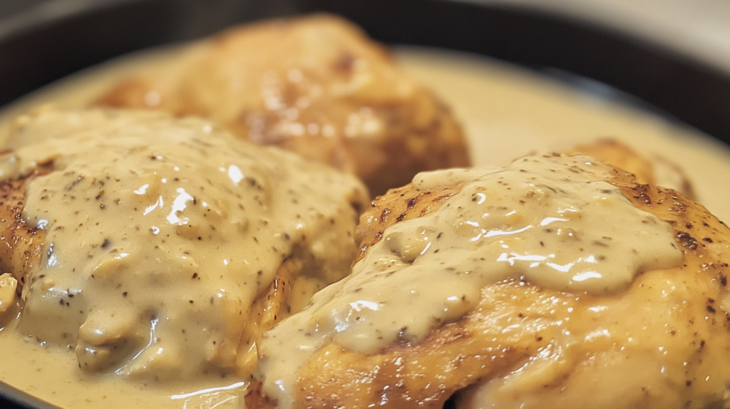 Creamy chicken and gravy served over mashed potatoes
