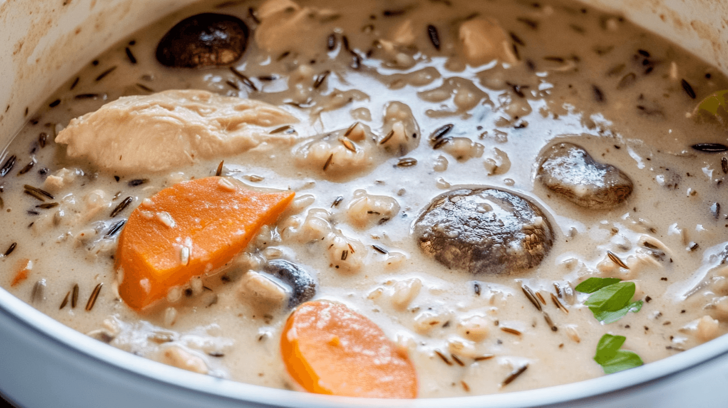 Garlic Parmesan Creamy Mushroom Chicken and Wild Rice Soup served in a bowl.