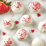 Strawberry shortcake truffles for Valentine's Day with festive decorations