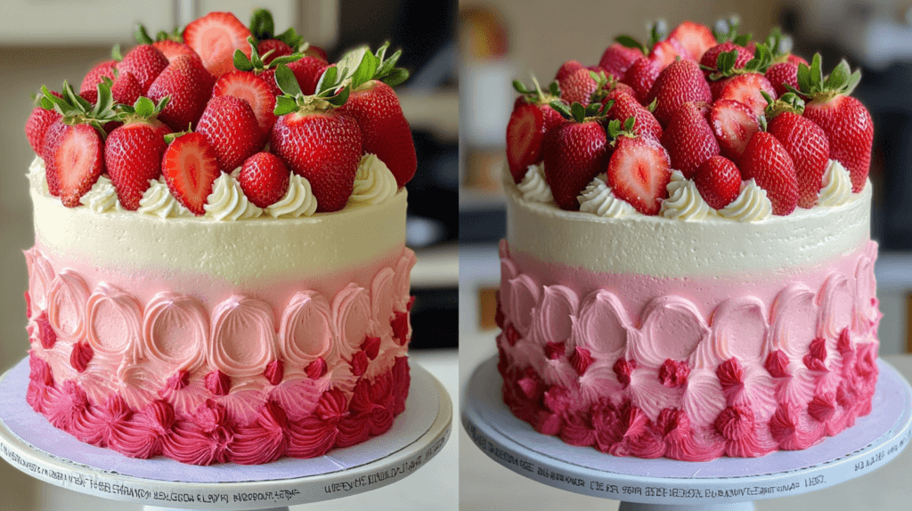 Strawberry vanilla ombre cake with pink gradient buttercream rosettes and fresh strawberries, shown from two angles