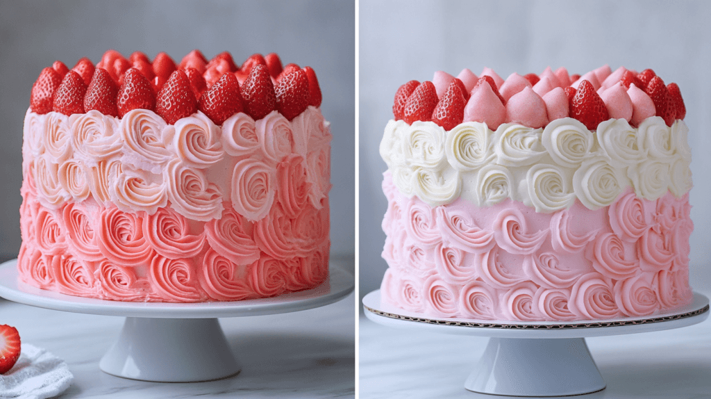 Two variations of vanilla strawberry ombre cake with rose swirl buttercream and fresh strawberry topping, showing different pink gradient styles