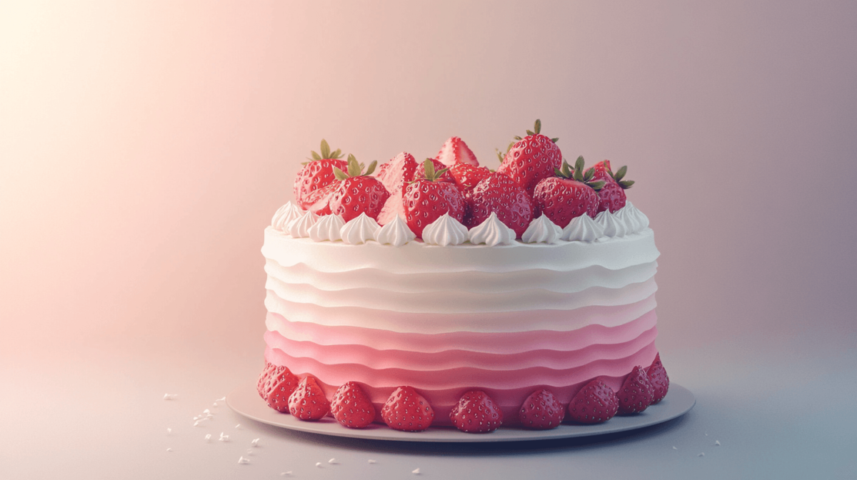 Vanilla Strawberry Ombre Cake with pink gradient frosting, decorated with fresh strawberries and white meringue kisses