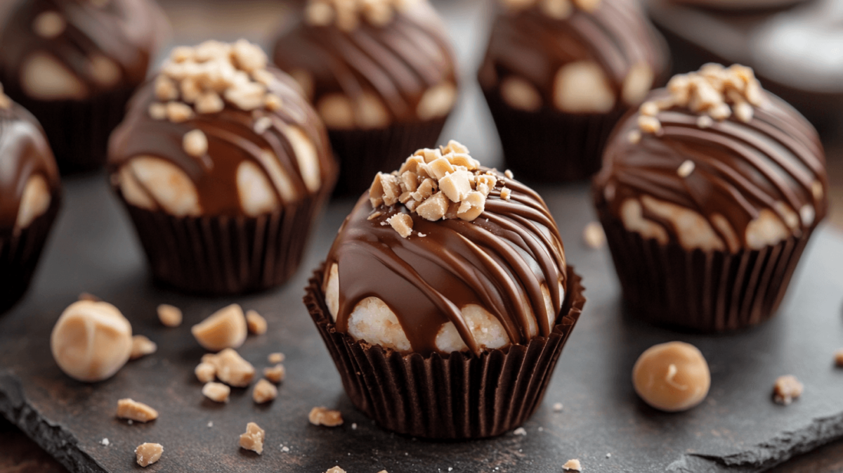 No-Bake Peanut Butter Cheesecake Balls coated in dark chocolate, decorated with drizzled chocolate and crushed peanuts, arranged on a dark slate surface with scattered peanut pieces