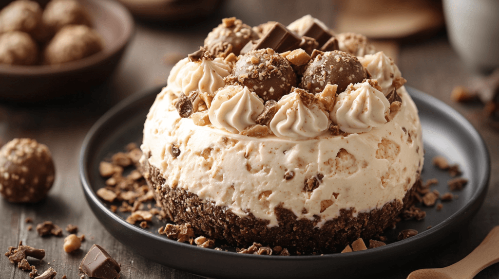No-bake peanut butter chocolate cheesecake with chocolate cookie crust, topped with whipped cream swirls, chocolate truffles, and crushed peanuts on a black plate